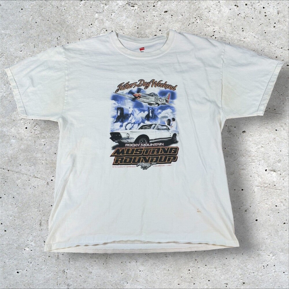 Ford Mustang Rocky Mountain Roundup Car Show T-Shirt Men's Large White Hanes